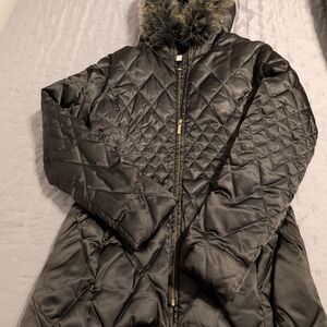 Laundry By Shelli Segal Black Quilted Puffer with Faux Fur Hood
